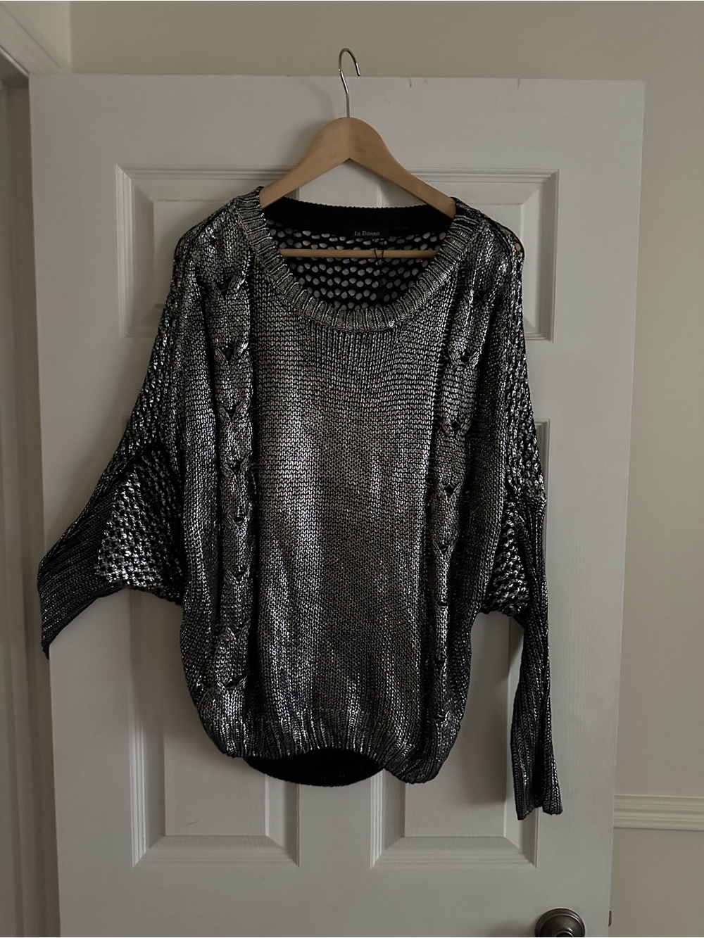 Metallic Black-Silver Knit Scoop Neck Sweater